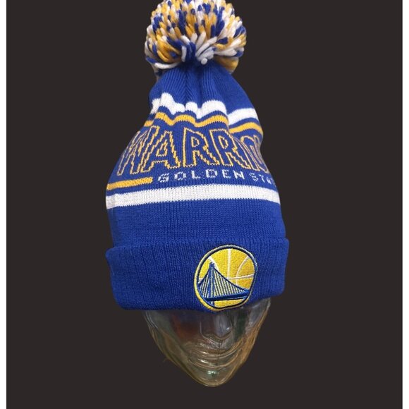 Golden State Warriors Beanie Adidas Hardwood Classics Pom Knit Hat Blue & Yellow - Picture 1 of 6